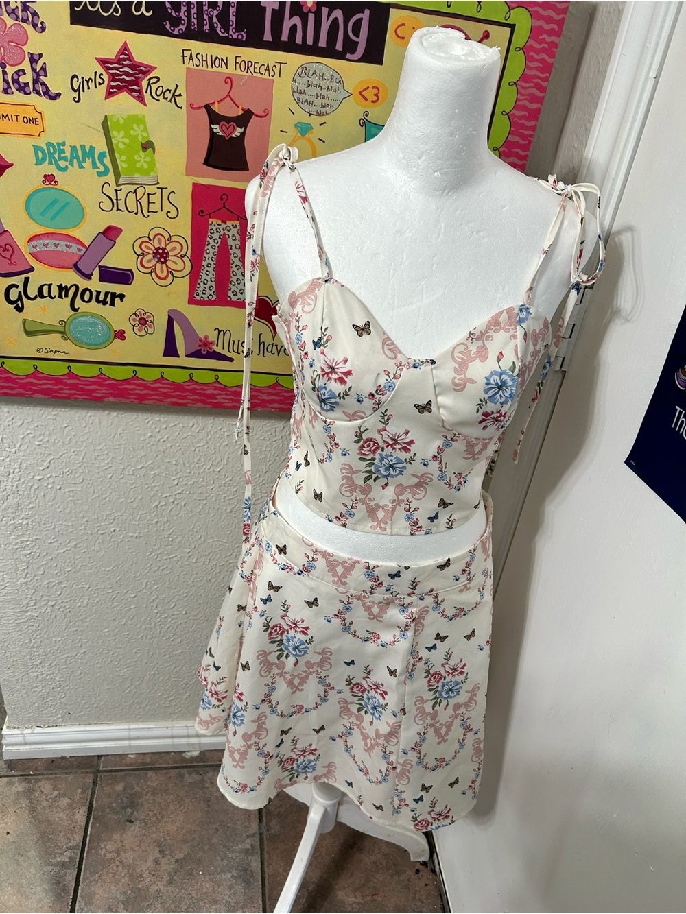 Floral Tie-Strap Bustier Top & Skirt Set - Cream with Pink & Blue Flowers